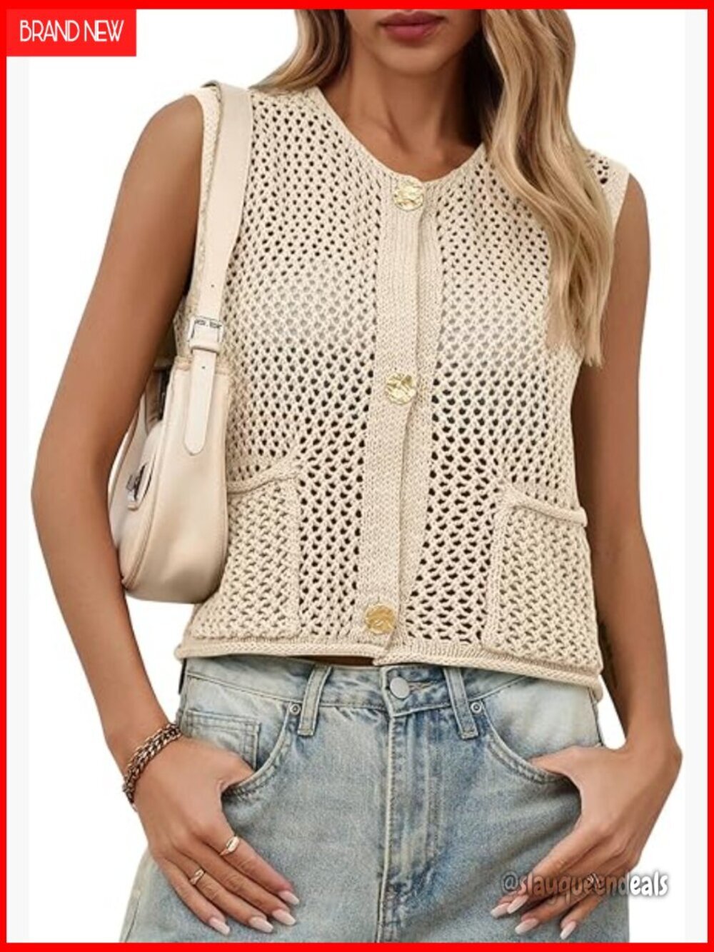 Large Crochet Sweater Vest Button Down Sleeveless Crop Top Boho Knit